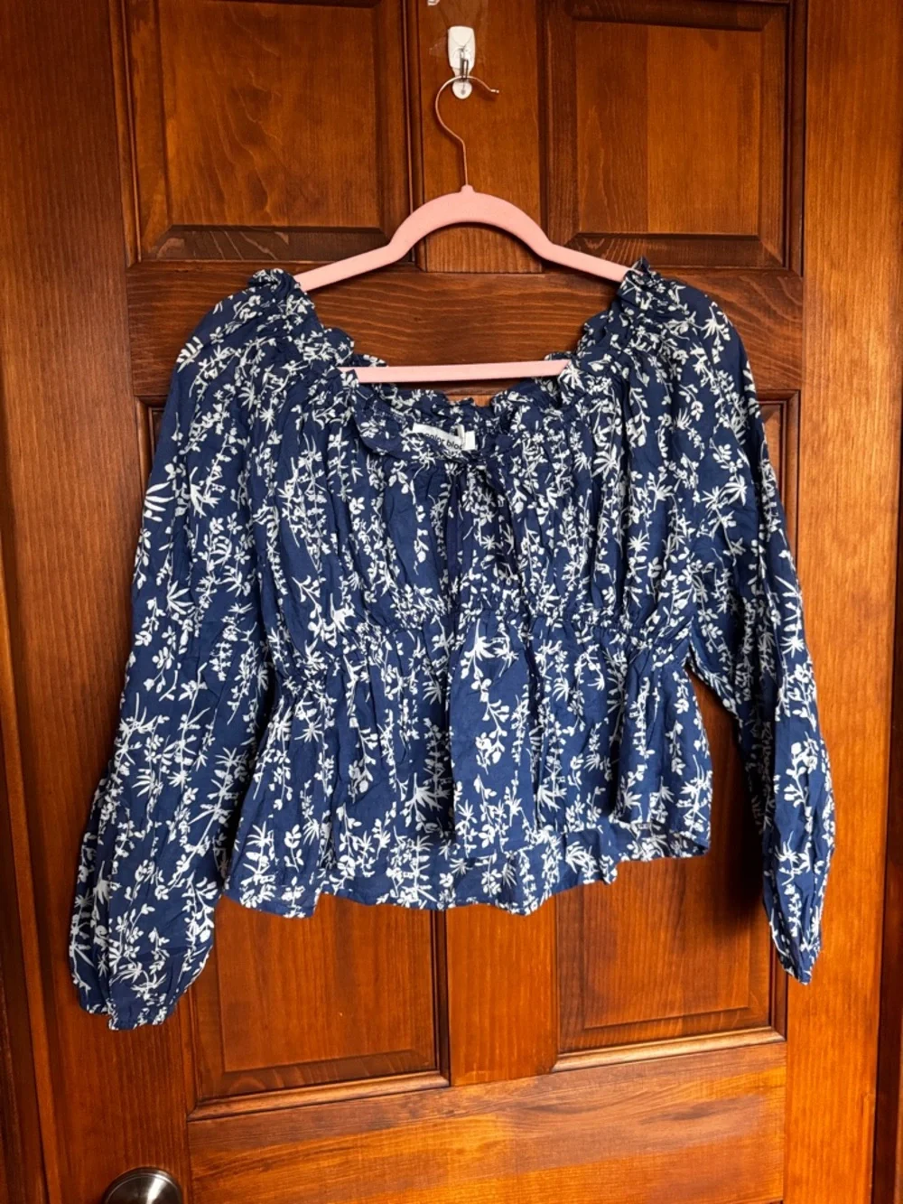 44. Blue Floral Off-Shoulder Smocked Peplum Blouse - Picture 2 of 11
